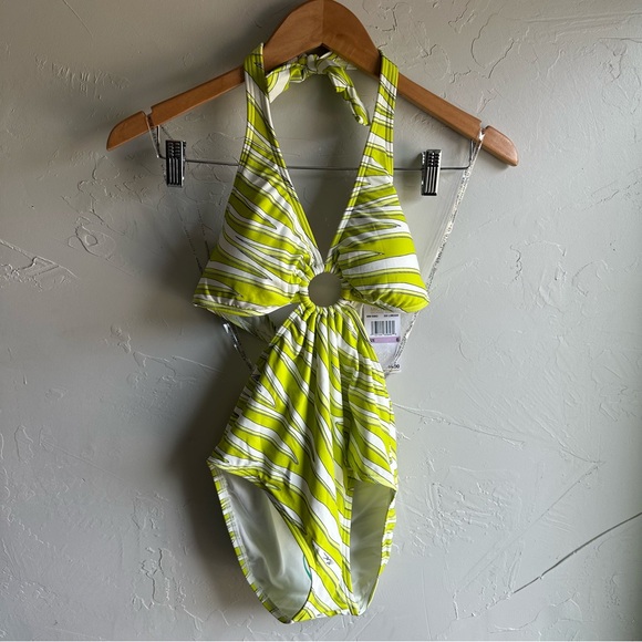 Michael Kors Women's Printed O-Ring One Piece Swimsuit - Cutout Lime Zebra SZ 6 - Picture 3 of 14